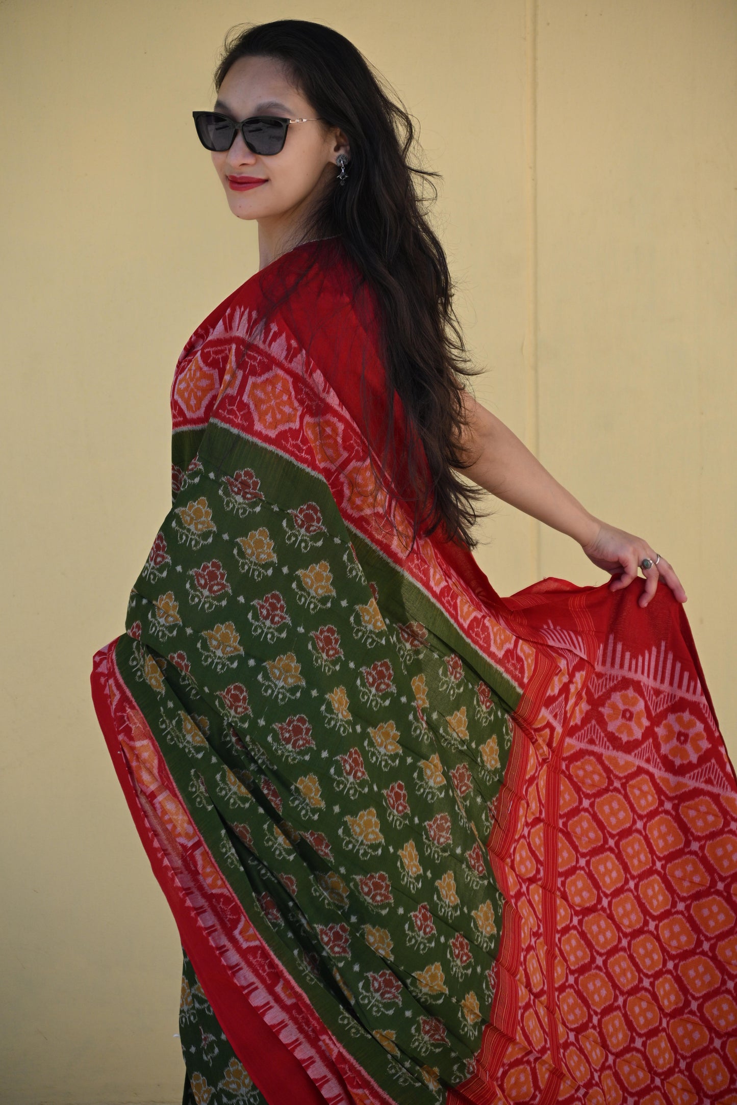 Olive Green Sambalpuri Ikat Saree with Red Border - Earthyweaves