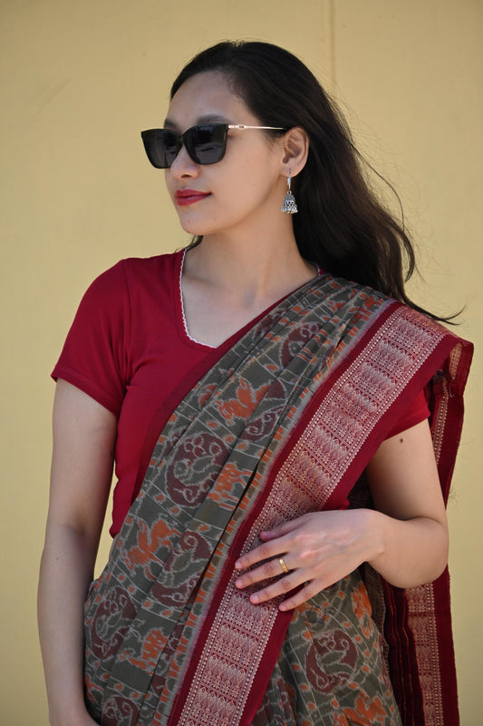 Olive Grey Sambalpuri Handloom Saree with Maroon Temple Border - Earthyweaves