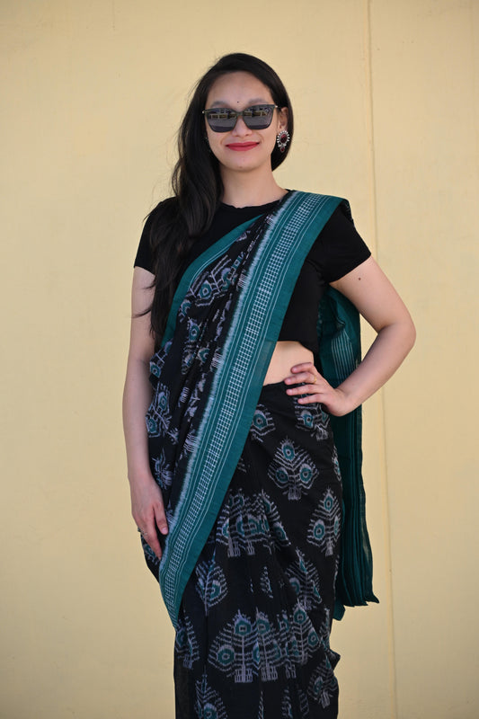 Green and Black Sambalpuri Handloom Saree - Earthyweaves