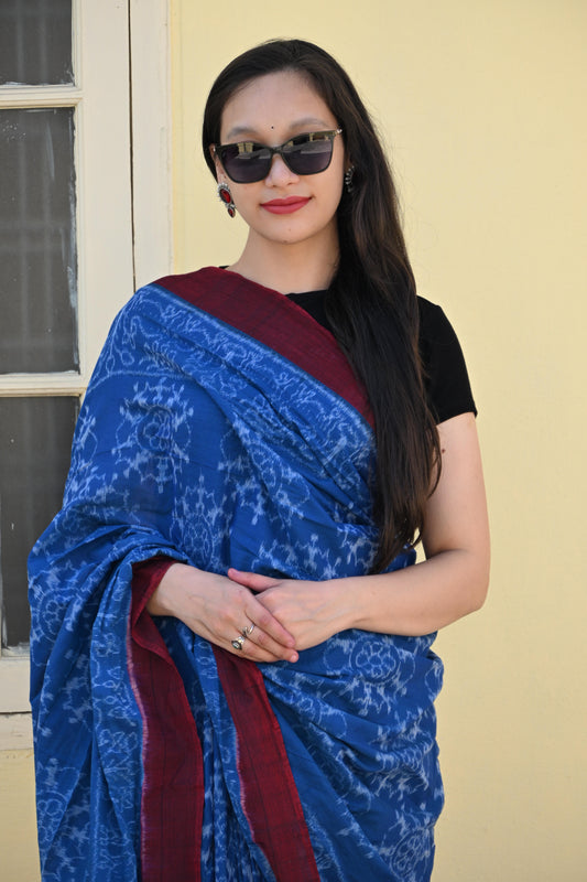 Indigo Blue Sambalpuri Handloom Saree with Maroon Border - Earthyweaves