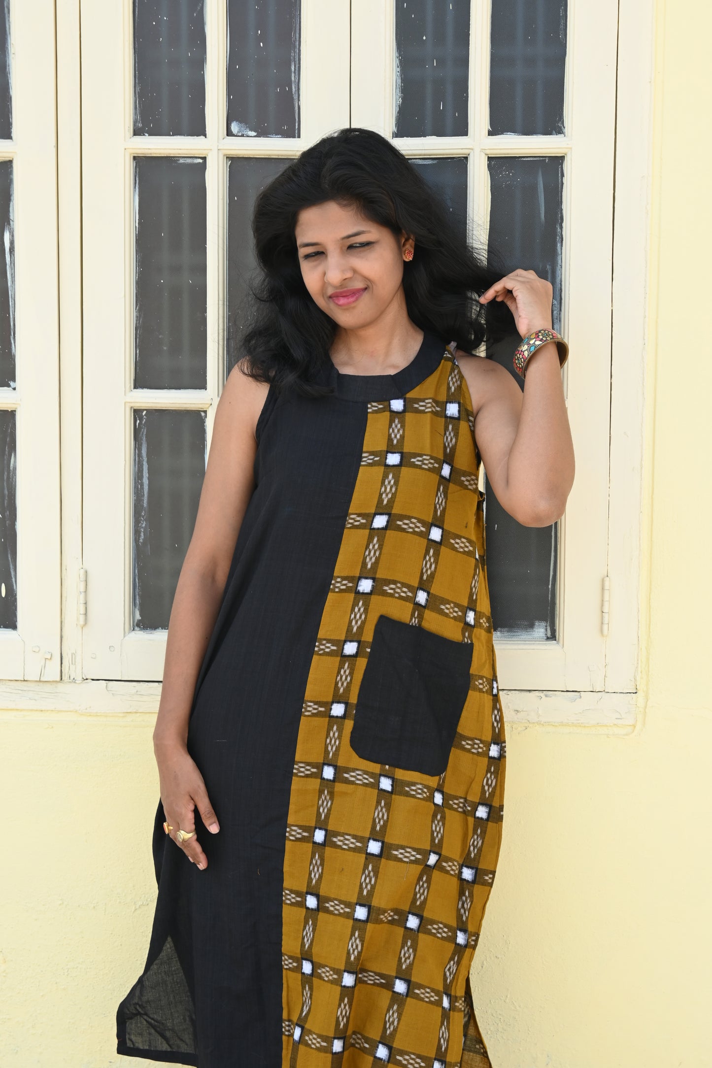 "Kanaka"Black and Mustard Sambalpuri Handloom Dress