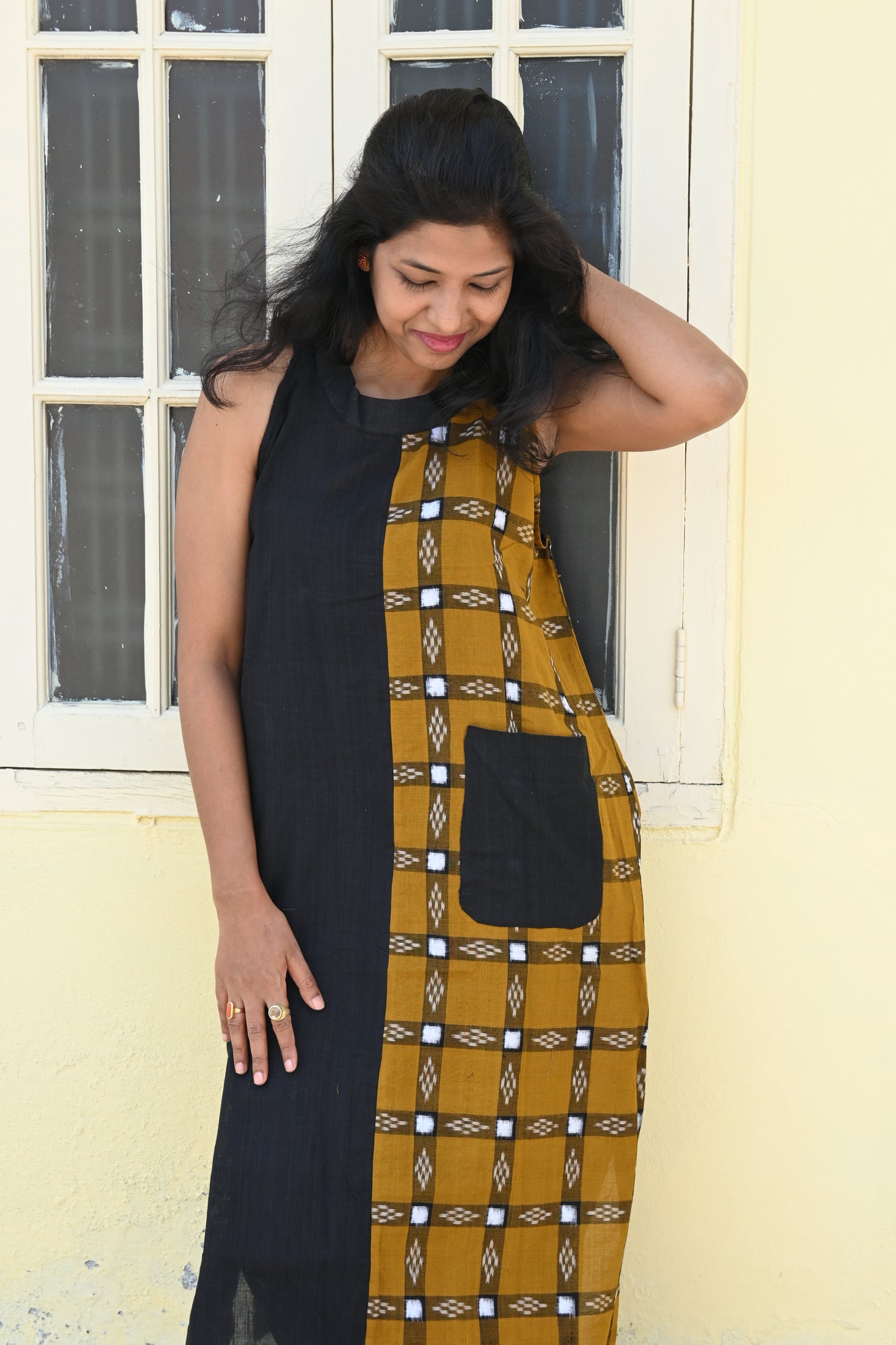 "Kanaka"Black and Mustard Sambalpuri Handloom Dress
