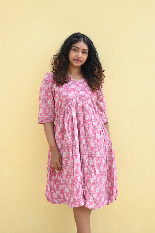 "Mrinala" Pink Floral Blockprint Dress