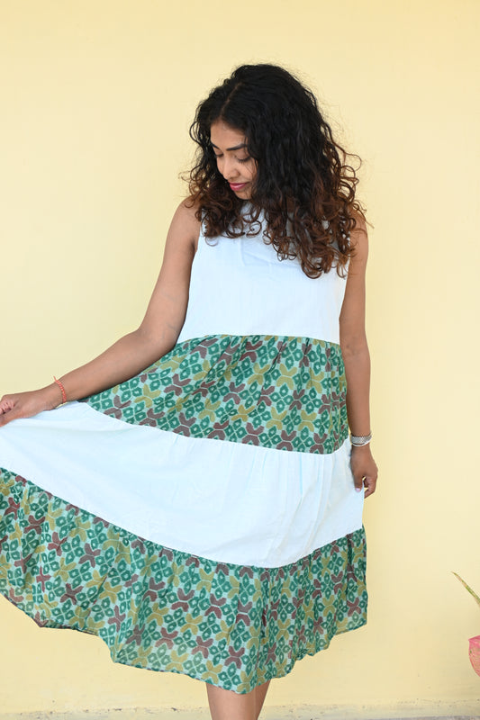 "Vasudha" Green Sambalpuri Handloom & Linen Dress