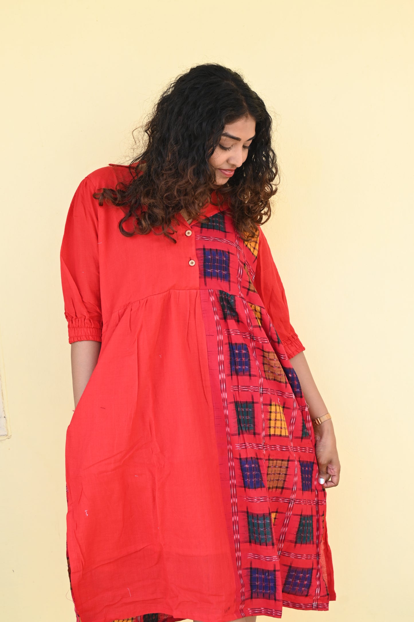 "Rohini" Red Sambalpuri Handloom & Linen Dress