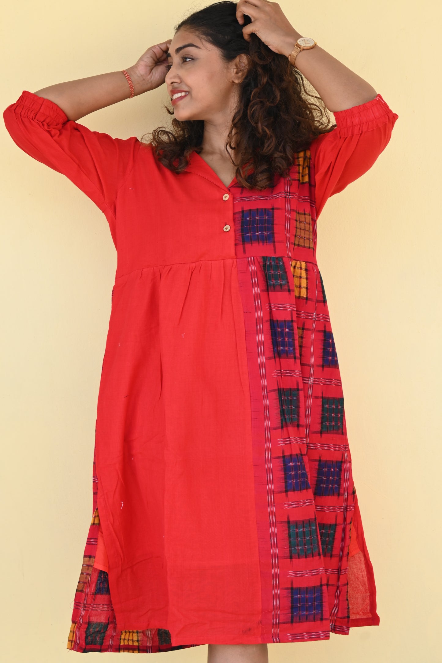 "Rohini" Red Sambalpuri Handloom & Linen Dress