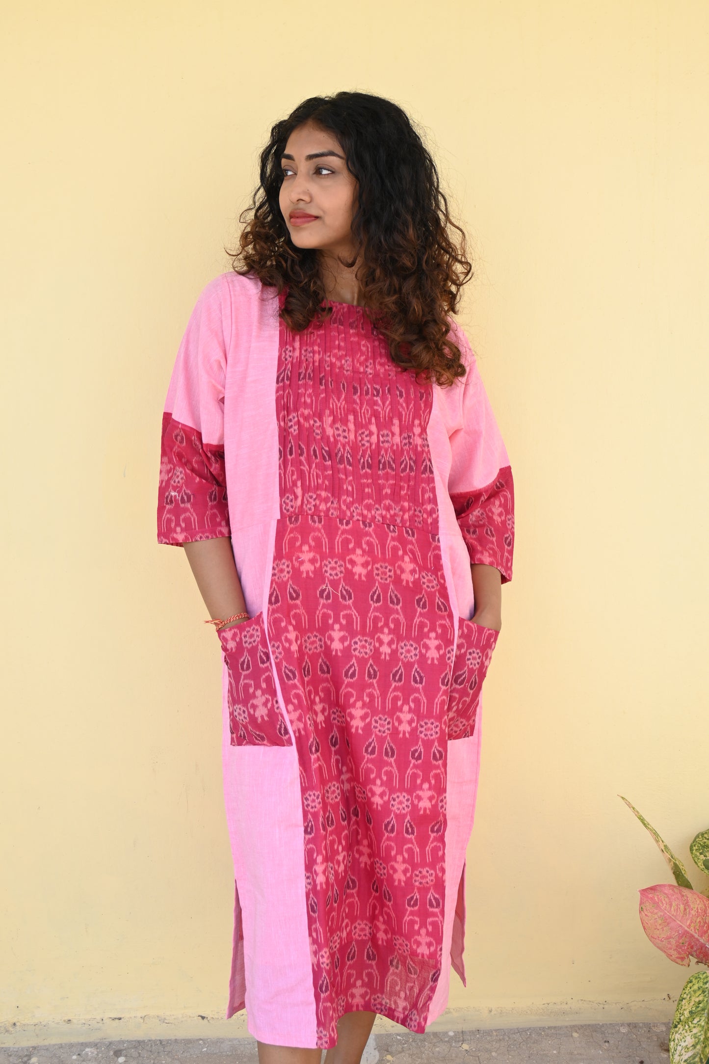 "Taru" Pink Sambalpuri Handloom & Linen Dress
