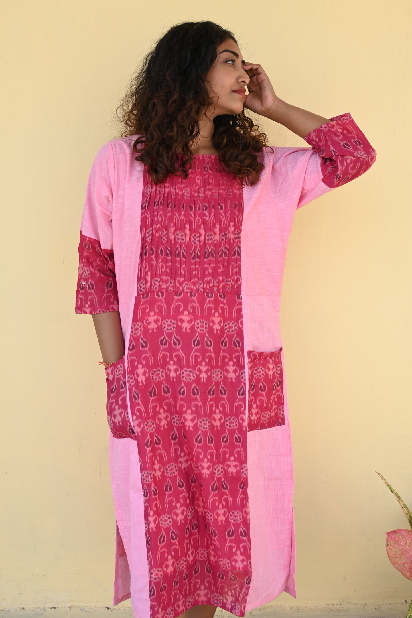 "Taru" Pink Sambalpuri Handloom & Linen Dress