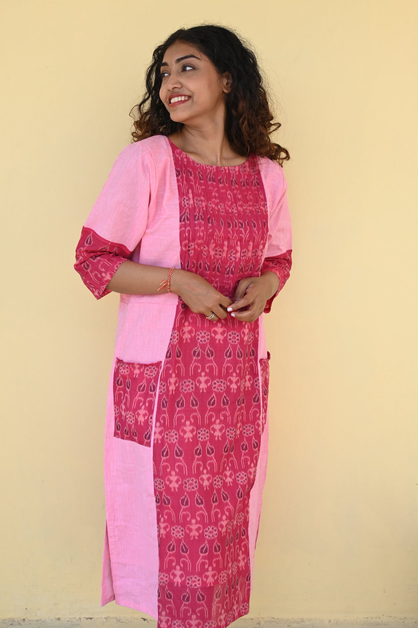 "Taru" Pink Sambalpuri Handloom & Linen Dress