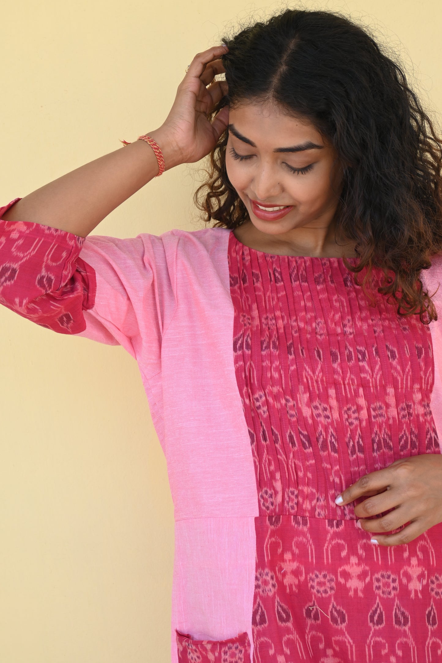 "Taru" Pink Sambalpuri Handloom & Linen Dress