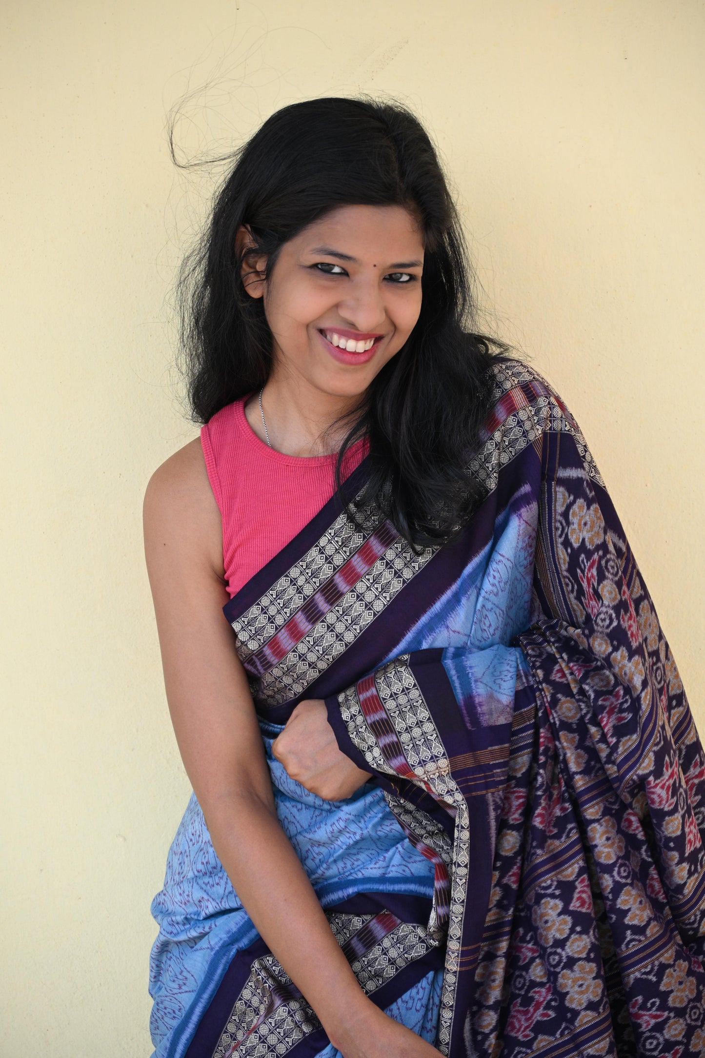 Sky Blue and Deep Navy Sambalpuri Cotton Saree - Earthyweaves