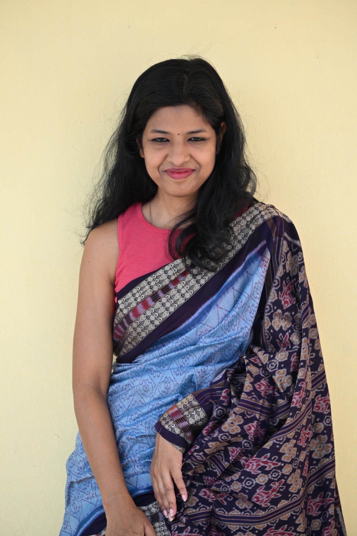 Sky Blue and Deep Navy Sambalpuri Cotton Saree - Earthyweaves