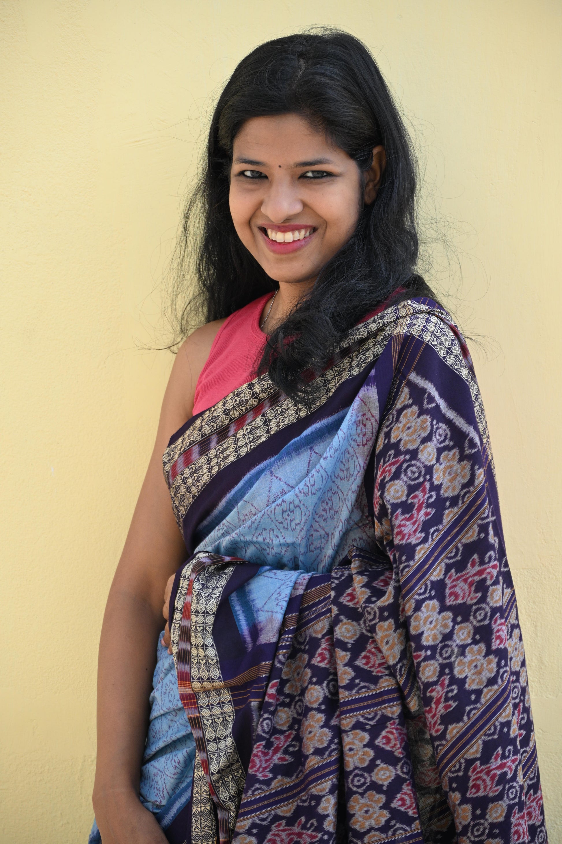 Sky Blue and Deep Navy Sambalpuri Cotton Saree - Earthyweaves