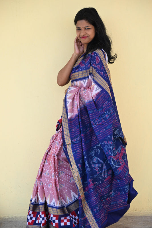 Blush Pink and Deep Blue Sambalpuri Cotton Saree - Earthyweaves