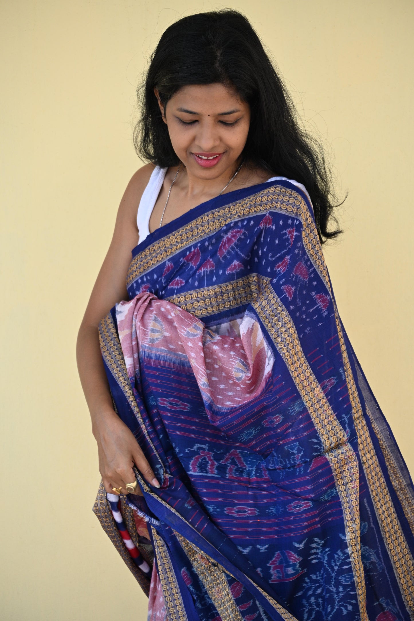 Blush Pink and Deep Blue Sambalpuri Cotton Saree - Earthyweaves