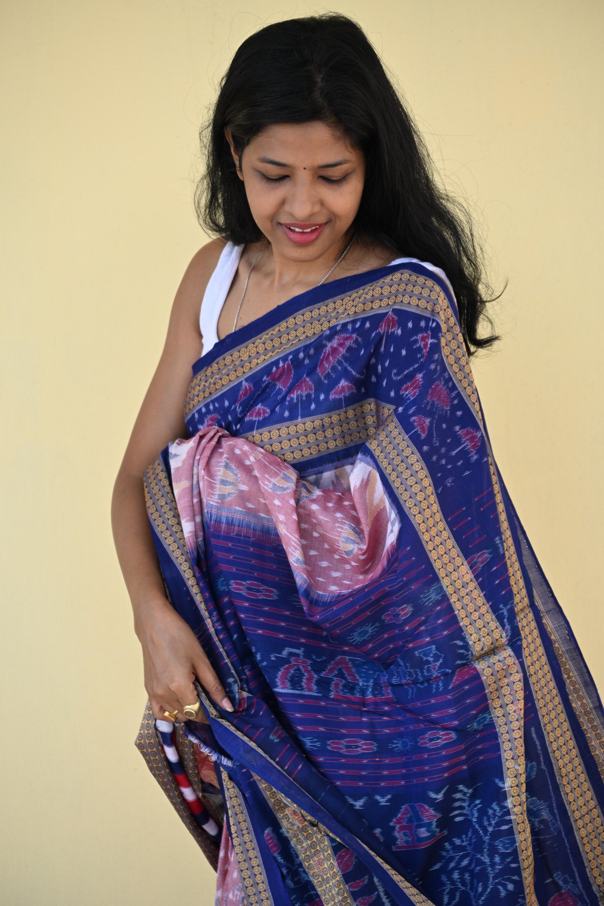 Blush Pink and Deep Blue Sambalpuri Cotton Saree - Earthyweaves