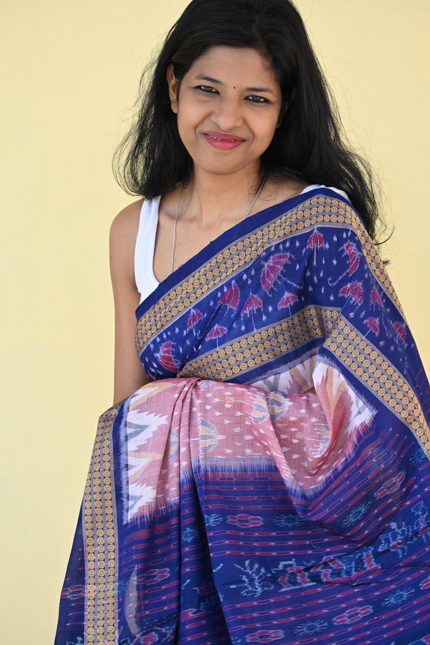 Blush Pink and Deep Blue Sambalpuri Cotton Saree - Earthyweaves