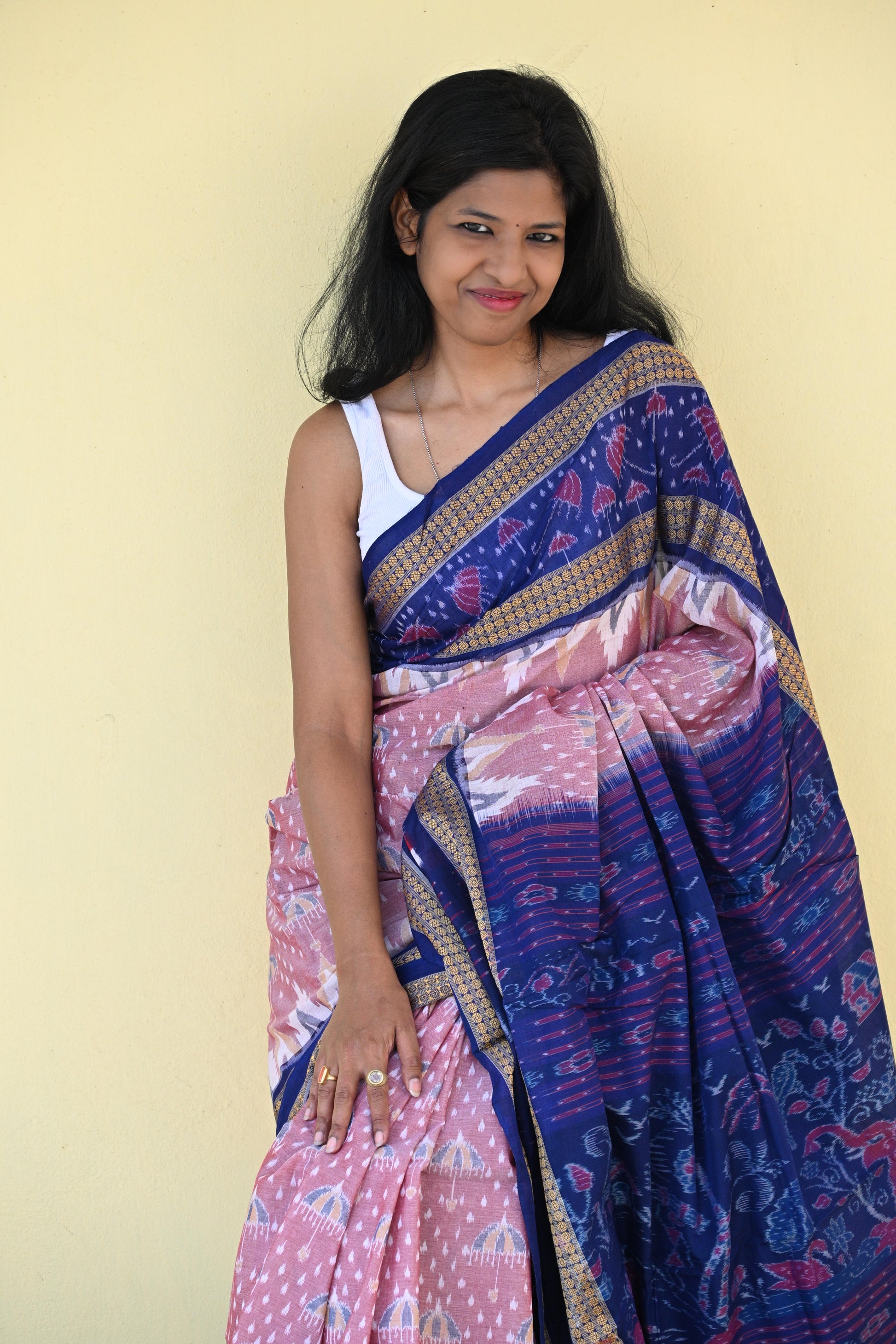 Blush Pink and Deep Blue Sambalpuri Cotton Saree - Earthyweaves