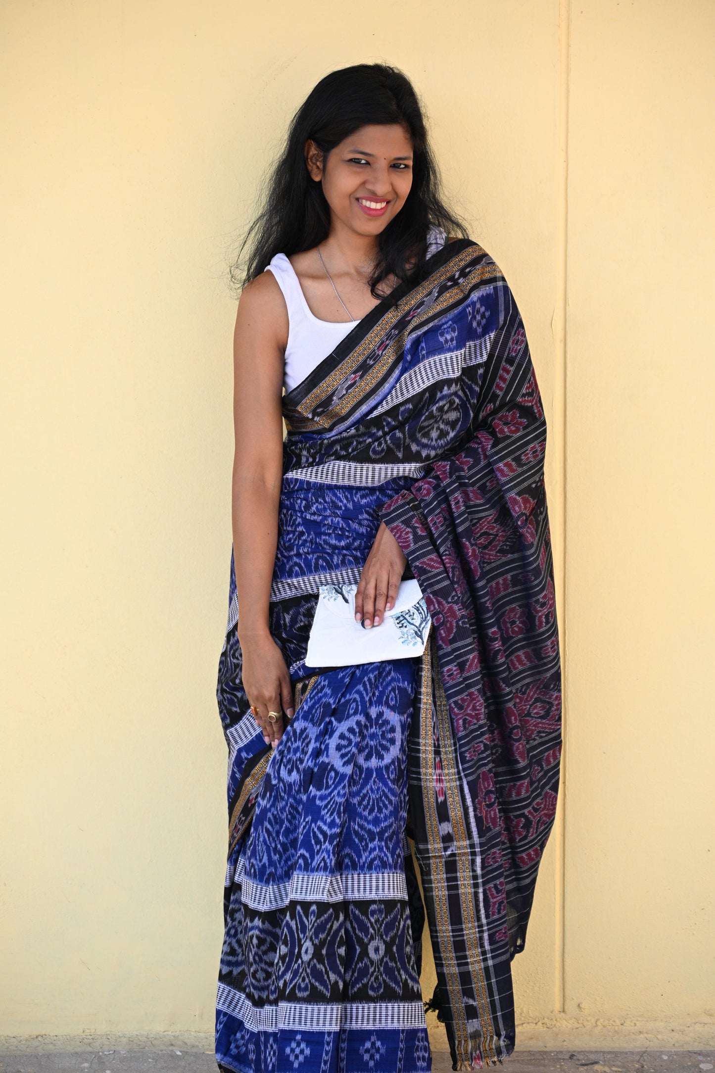 Indigo Blue and Black Handloom Maniabandha Cotton Saree - Earthyweaves