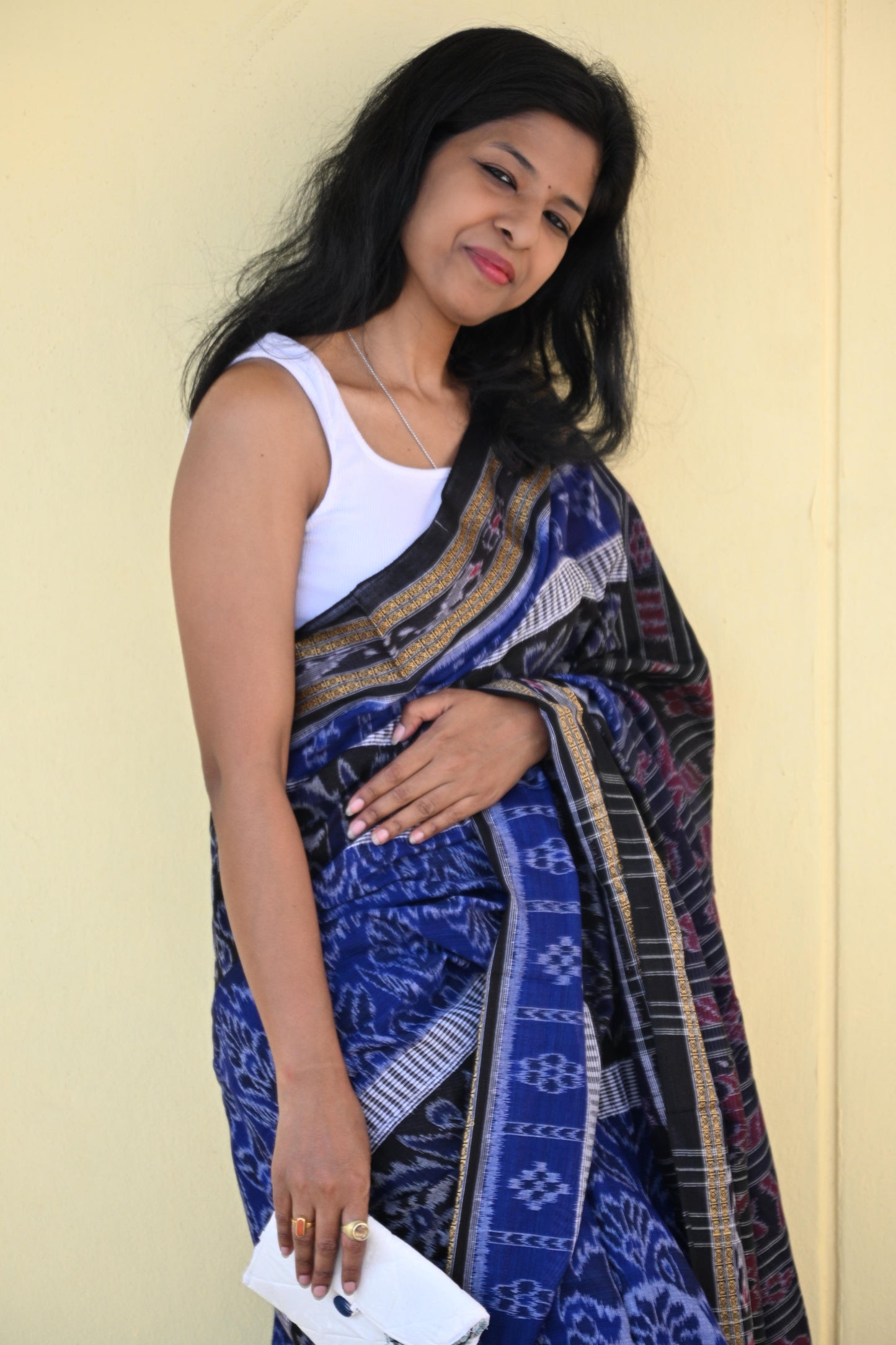 Indigo Blue and Black Handloom Maniabandha Cotton Saree - Earthyweaves