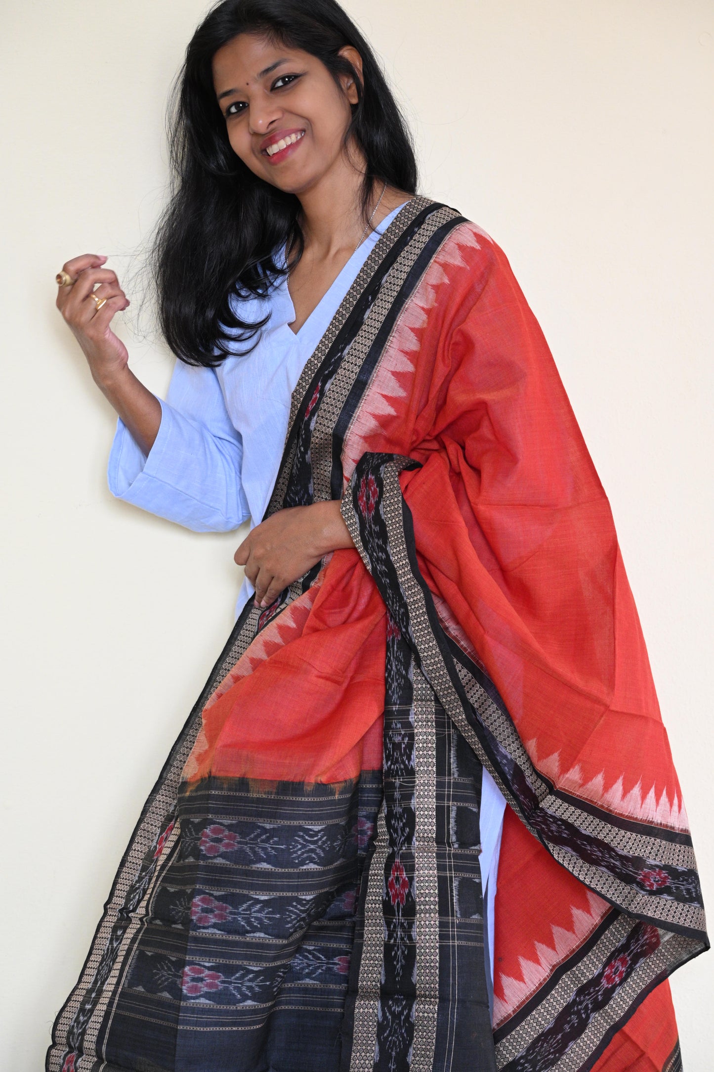 Red with black border Sambalpuri Dupatta