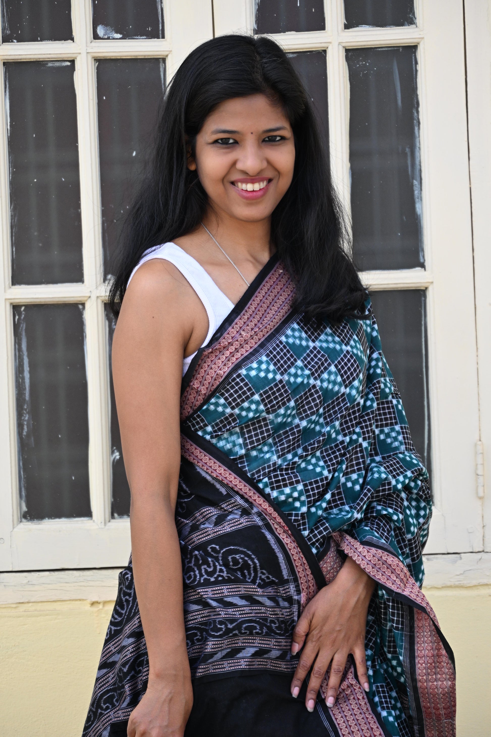 Deep Green and Black Sambalpuri Cotton Saree - Earthyweaves