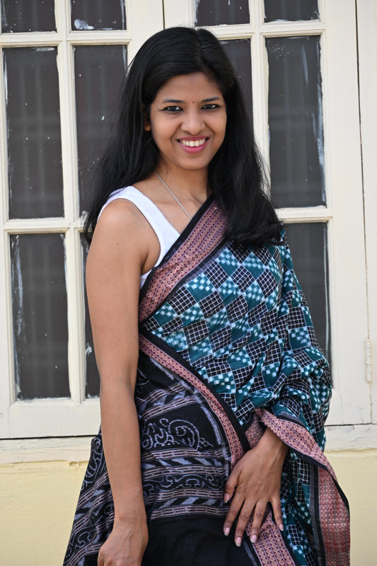 Deep Green and Black Sambalpuri Cotton Saree - Earthyweaves