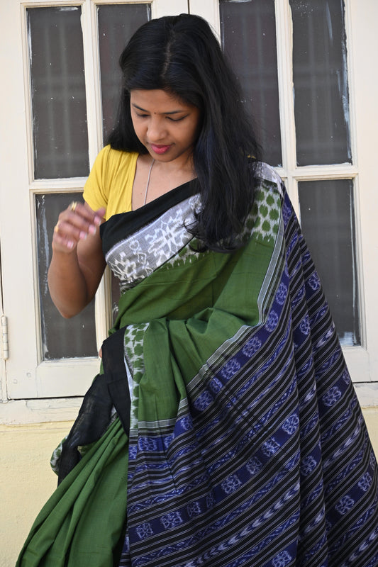 Olive Green, Black and Indigo Sambalpuri Cotton Saree - Earthyweaves