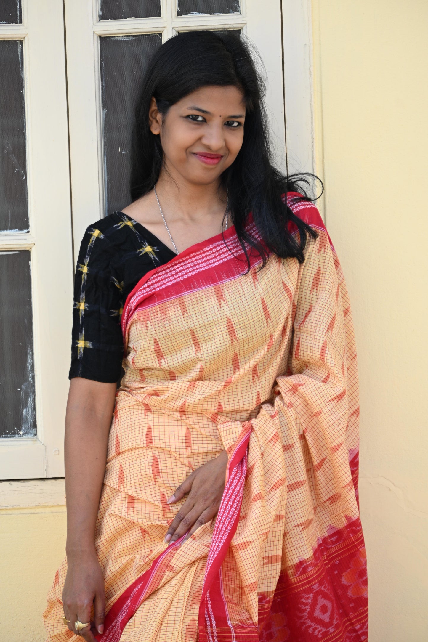 Warm Yellow and Red Sambalpuri Cotton Saree - Earthyweaves
