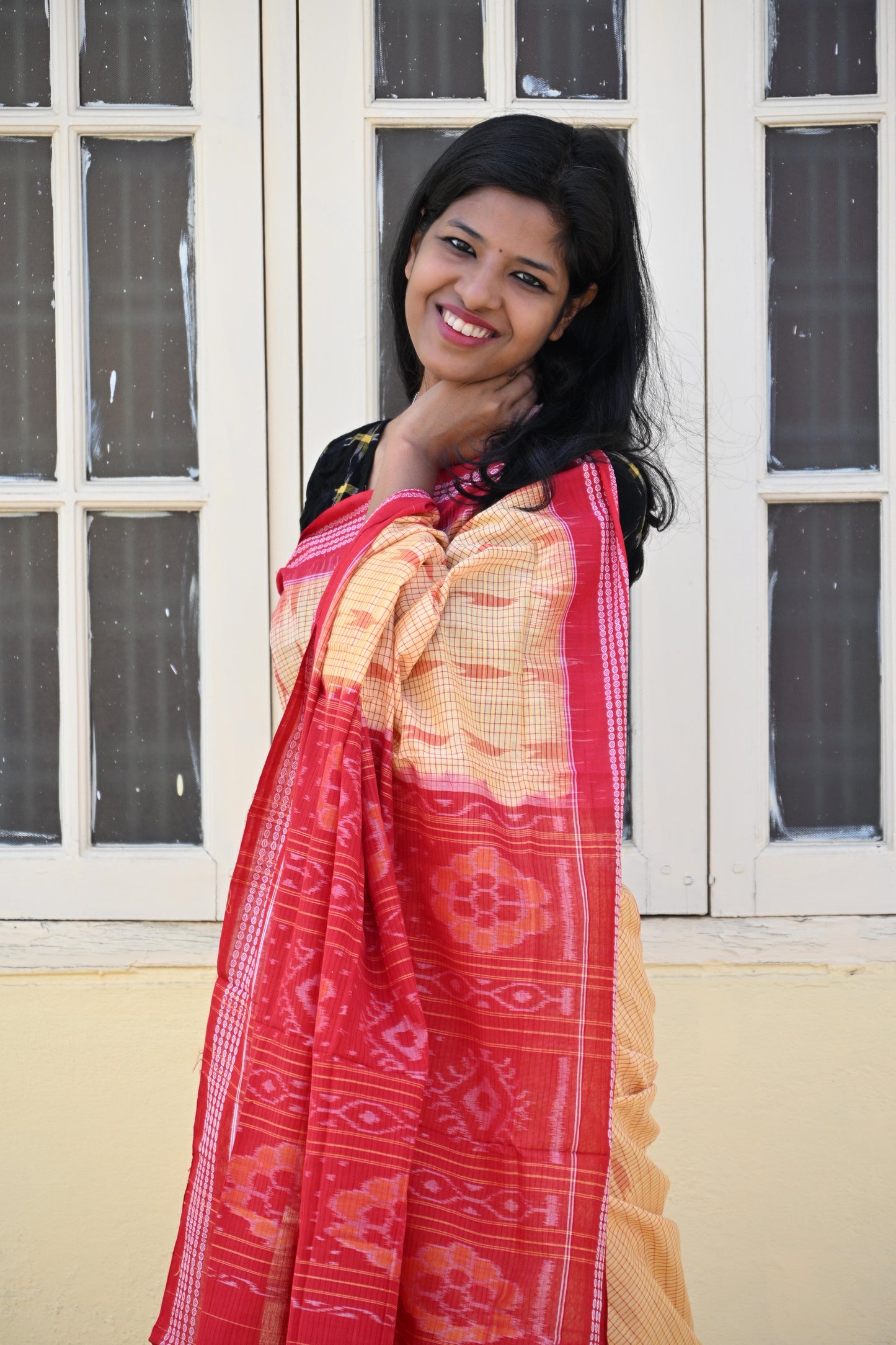 Warm Yellow and Red Sambalpuri Cotton Saree - Earthyweaves