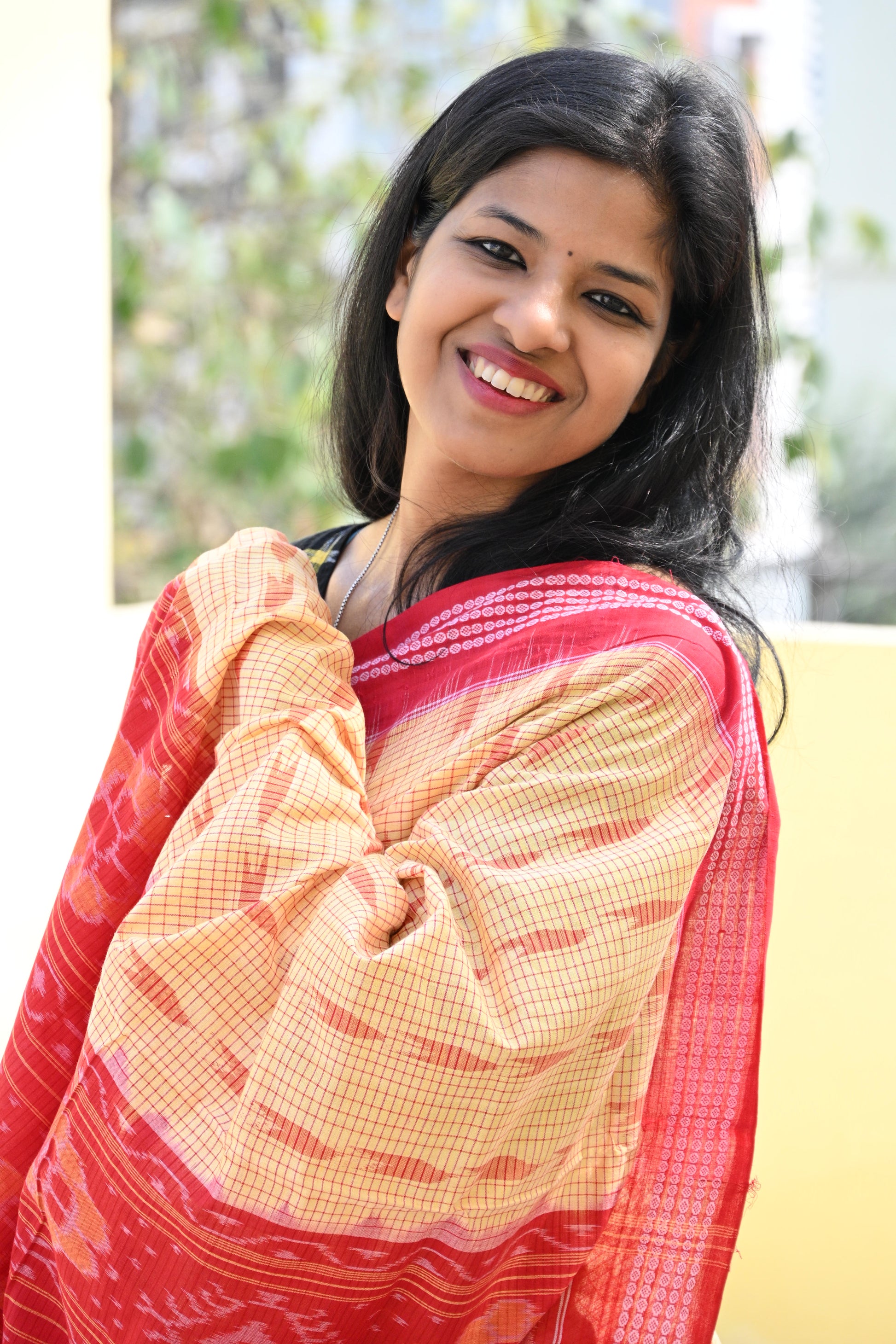 Warm Yellow and Red Sambalpuri Cotton Saree - Earthyweaves