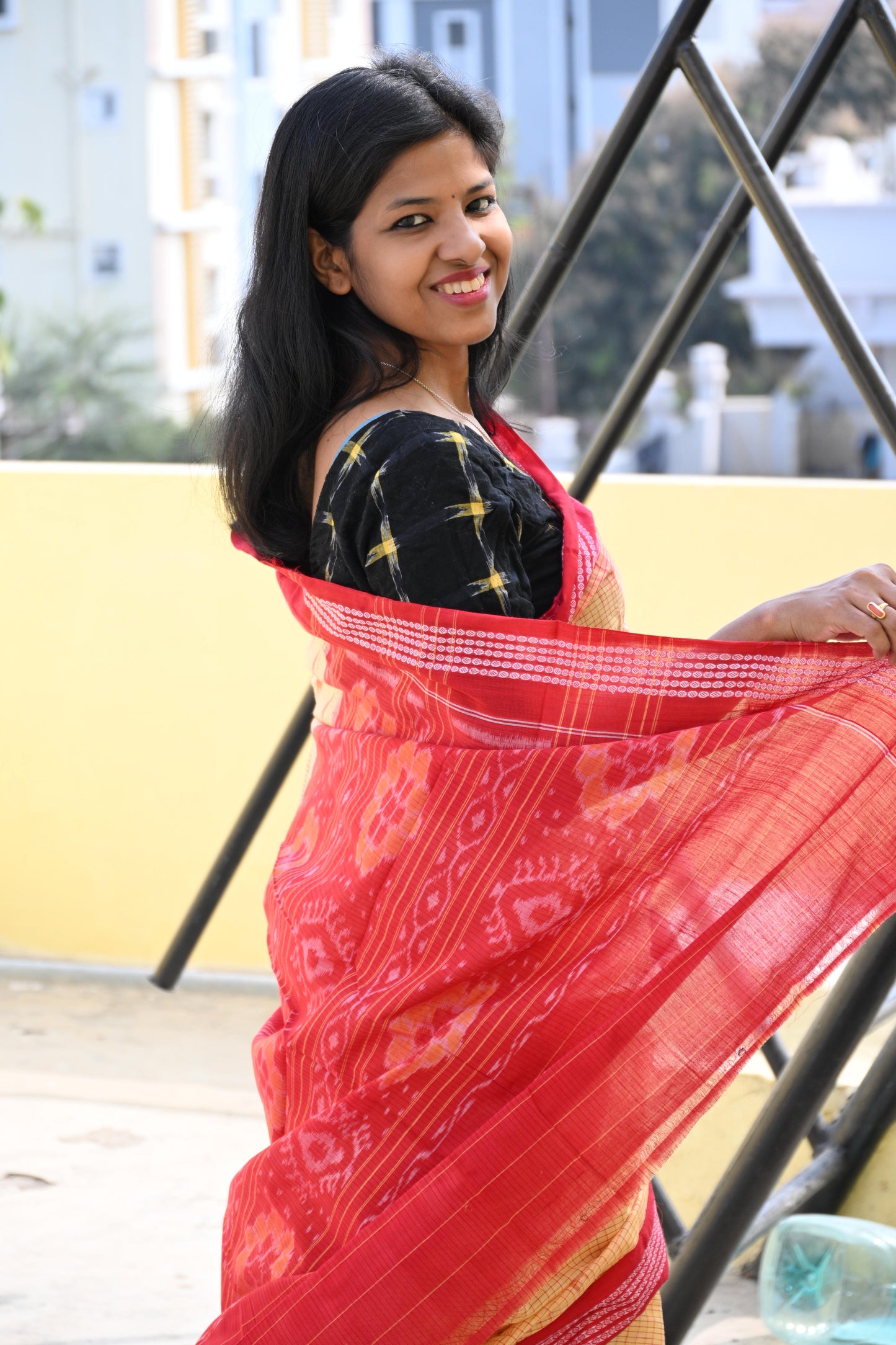 Warm Yellow and Red Sambalpuri Cotton Saree - Earthyweaves