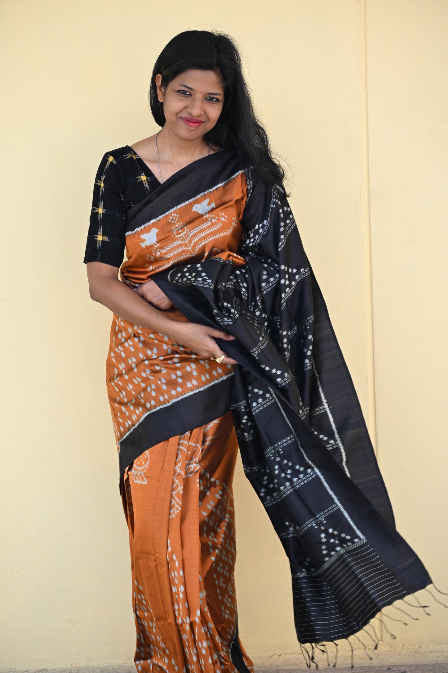 Rust Brown and Black Khandua Silk Saree - Earthyweaves