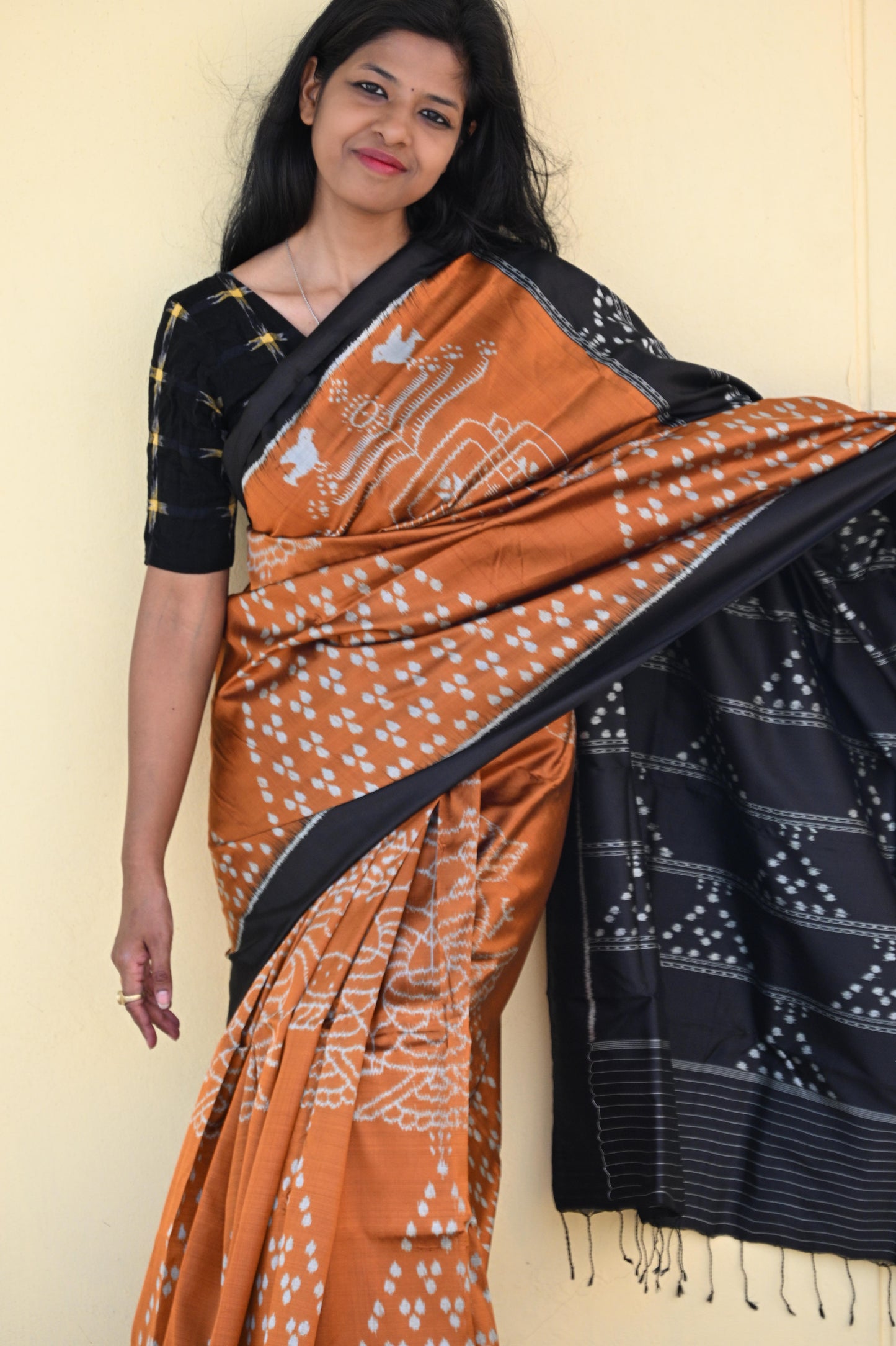 Rust Brown and Black Khandua Silk Saree - Earthyweaves