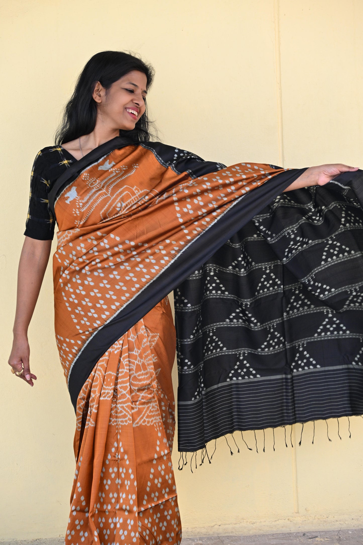Rust Brown and Black Khandua Silk Saree - Earthyweaves