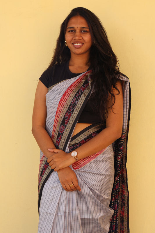 Off-White, Black & Red Khandua Silk Saree - Earthyweaves