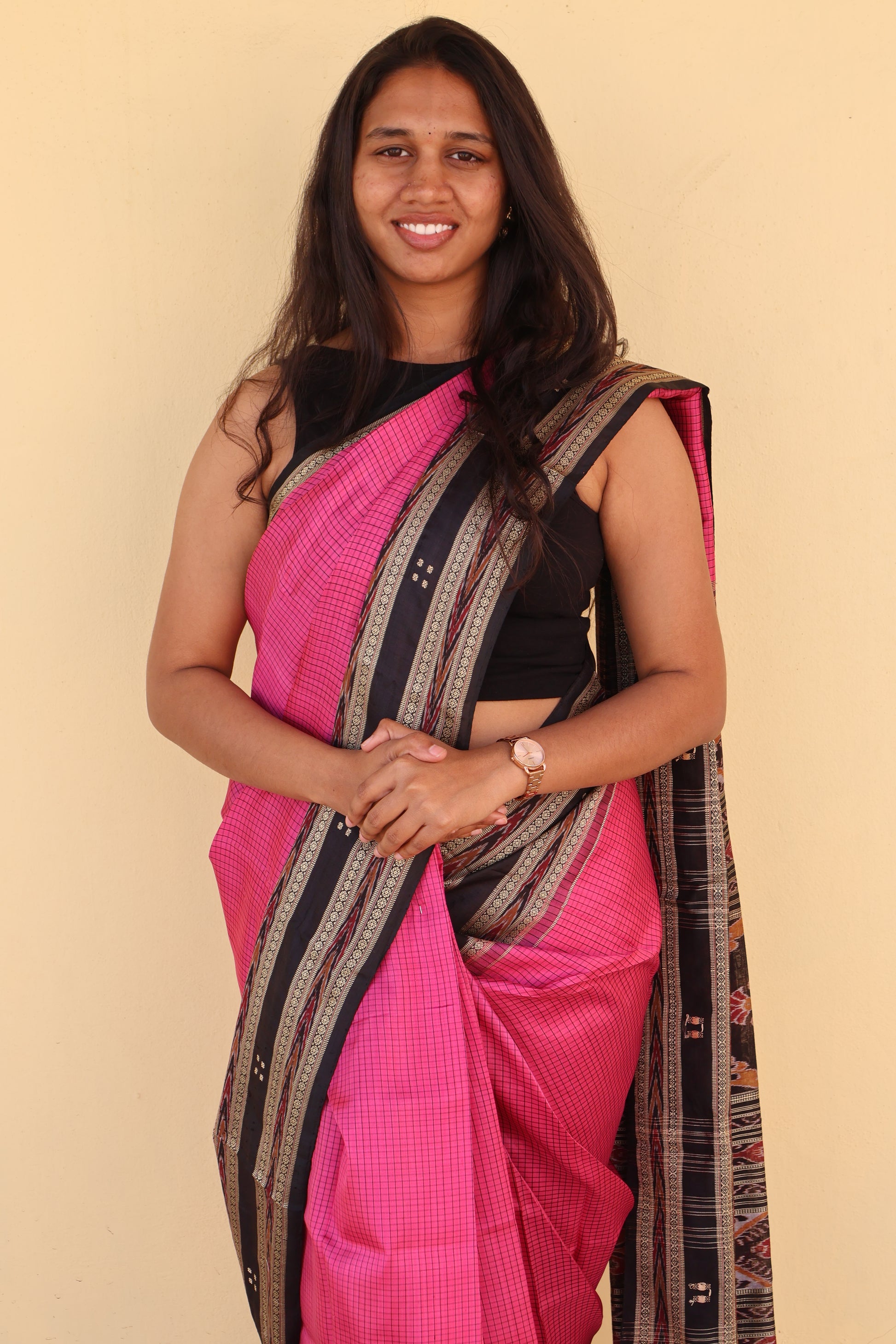 Rani Pink and Black Khandua Silk Saree - Earthyweaves