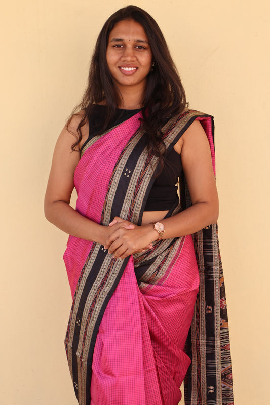 Rani Pink and Black Khandua Silk Saree - Earthyweaves