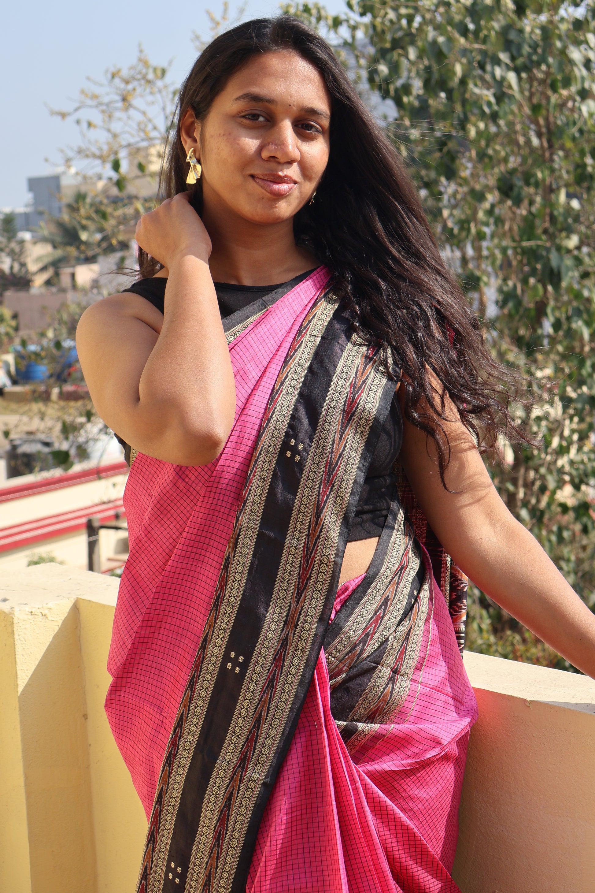Rani Pink and Black Khandua Silk Saree - Earthyweaves