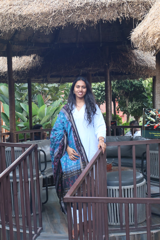 Teal Blue and Black Floral Sambalpuri Dupatta - Earthyweaves