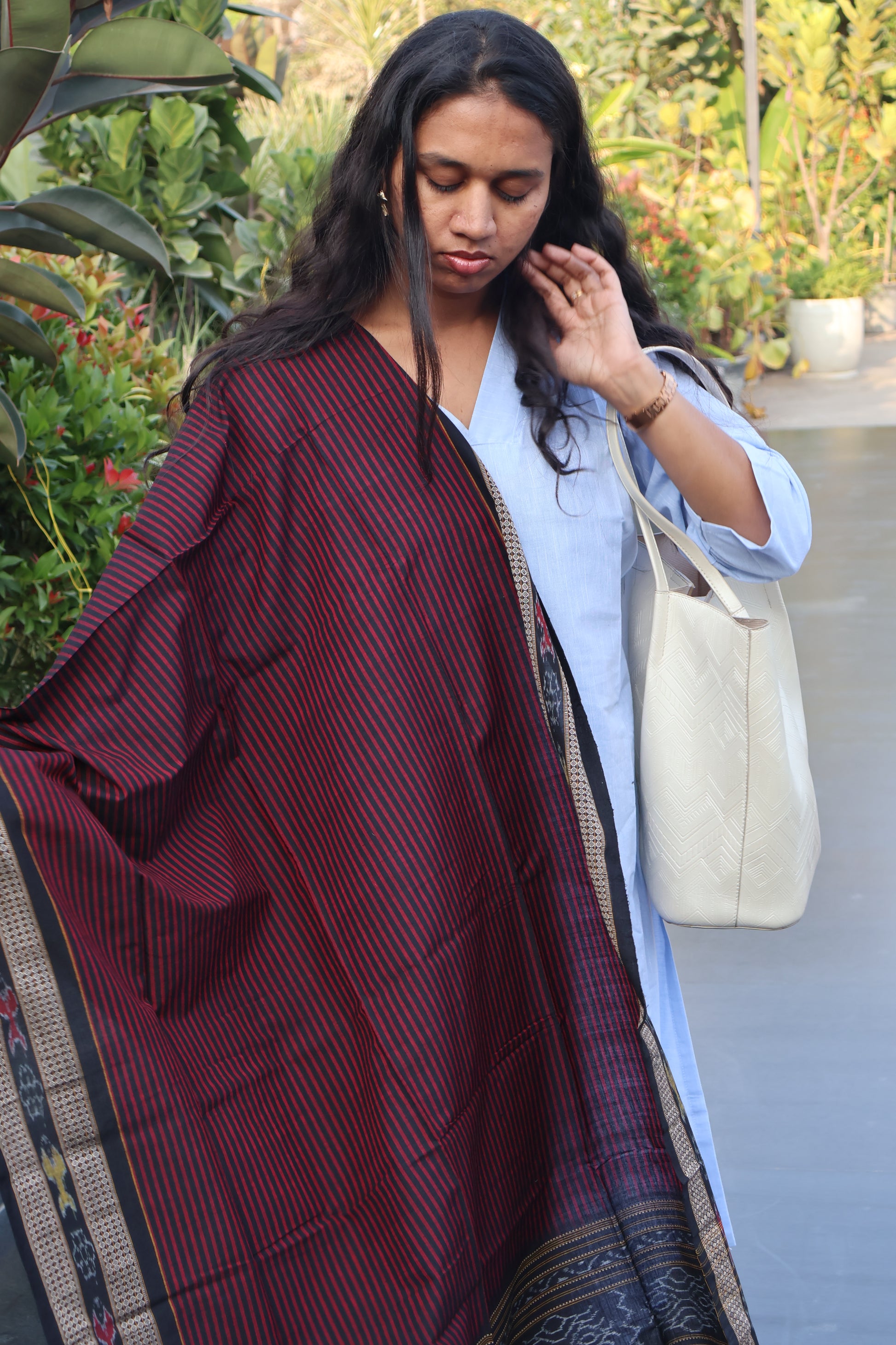Red and Black Striped Sambalpuri Dupatta - Earthyweaves