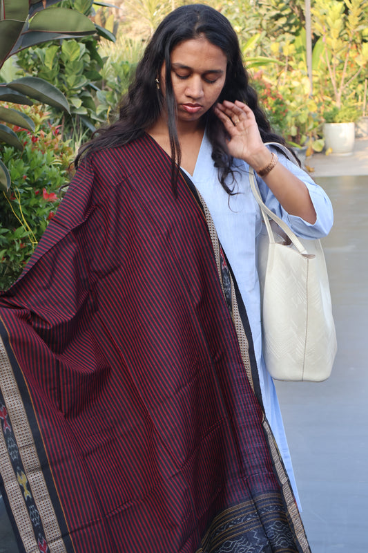 Red and Black Striped Sambalpuri Dupatta - Earthyweaves