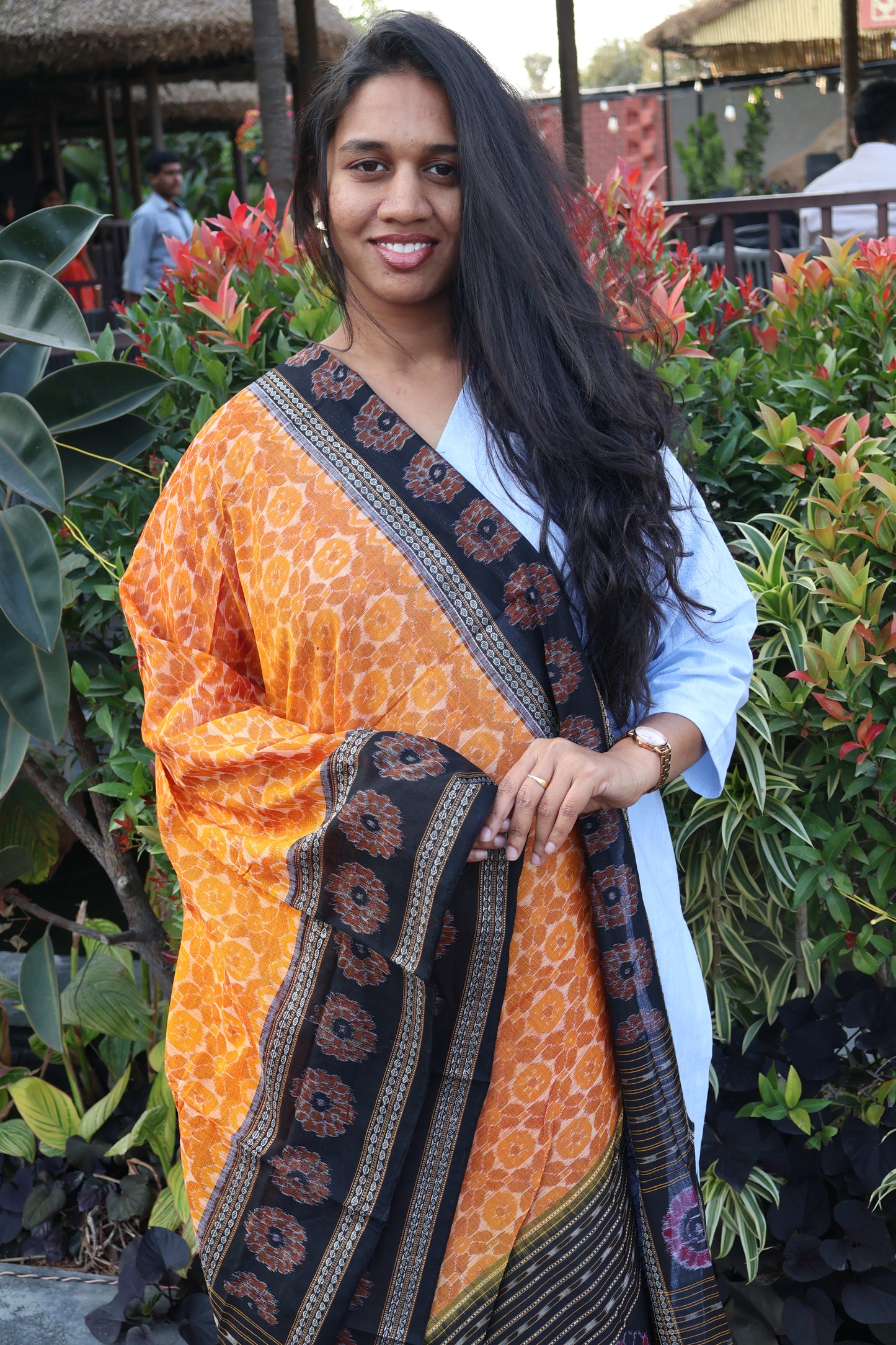 Mustard Orange and Black Sambalpuri Dupatta - Earthyweaves