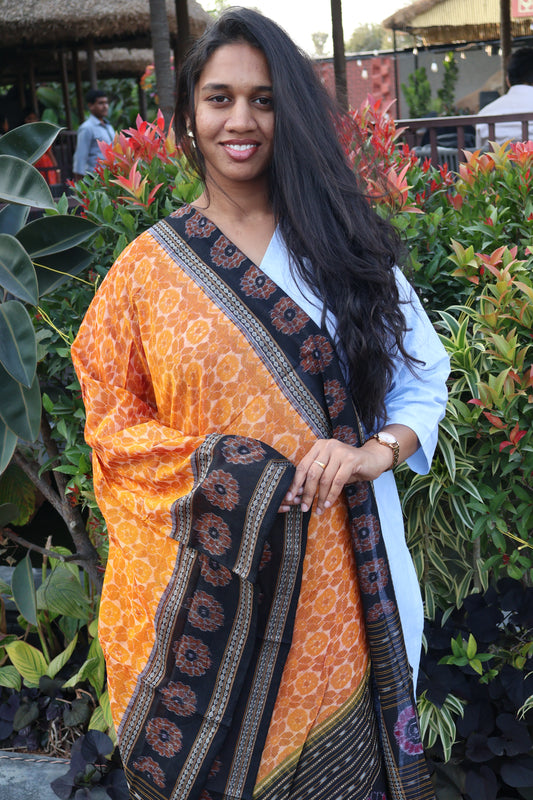 Mustard Orange and Black Sambalpuri Dupatta - Earthyweaves