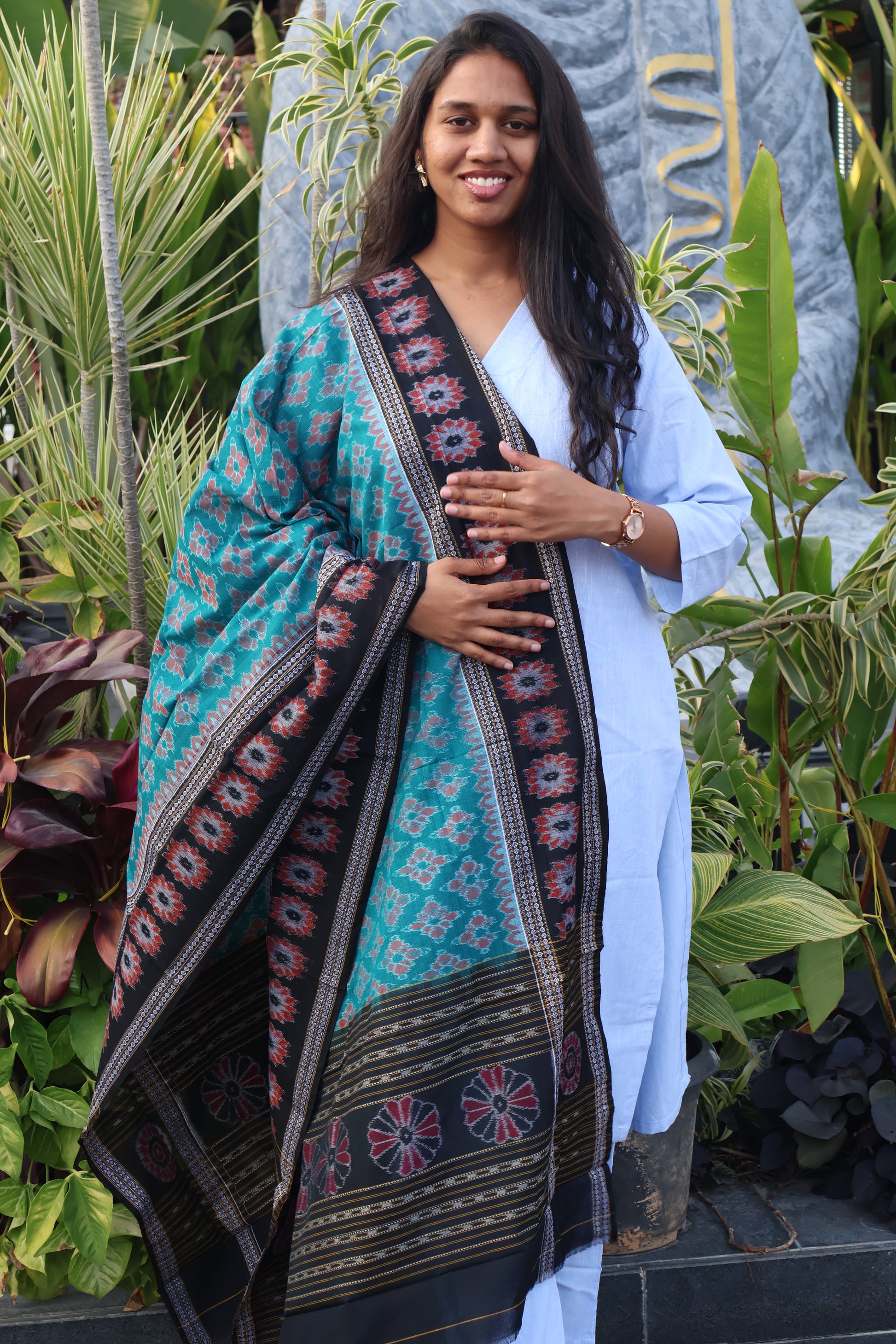 Teal Green and Black Floral Sambalpuri Dupatta - Earthyweaves
