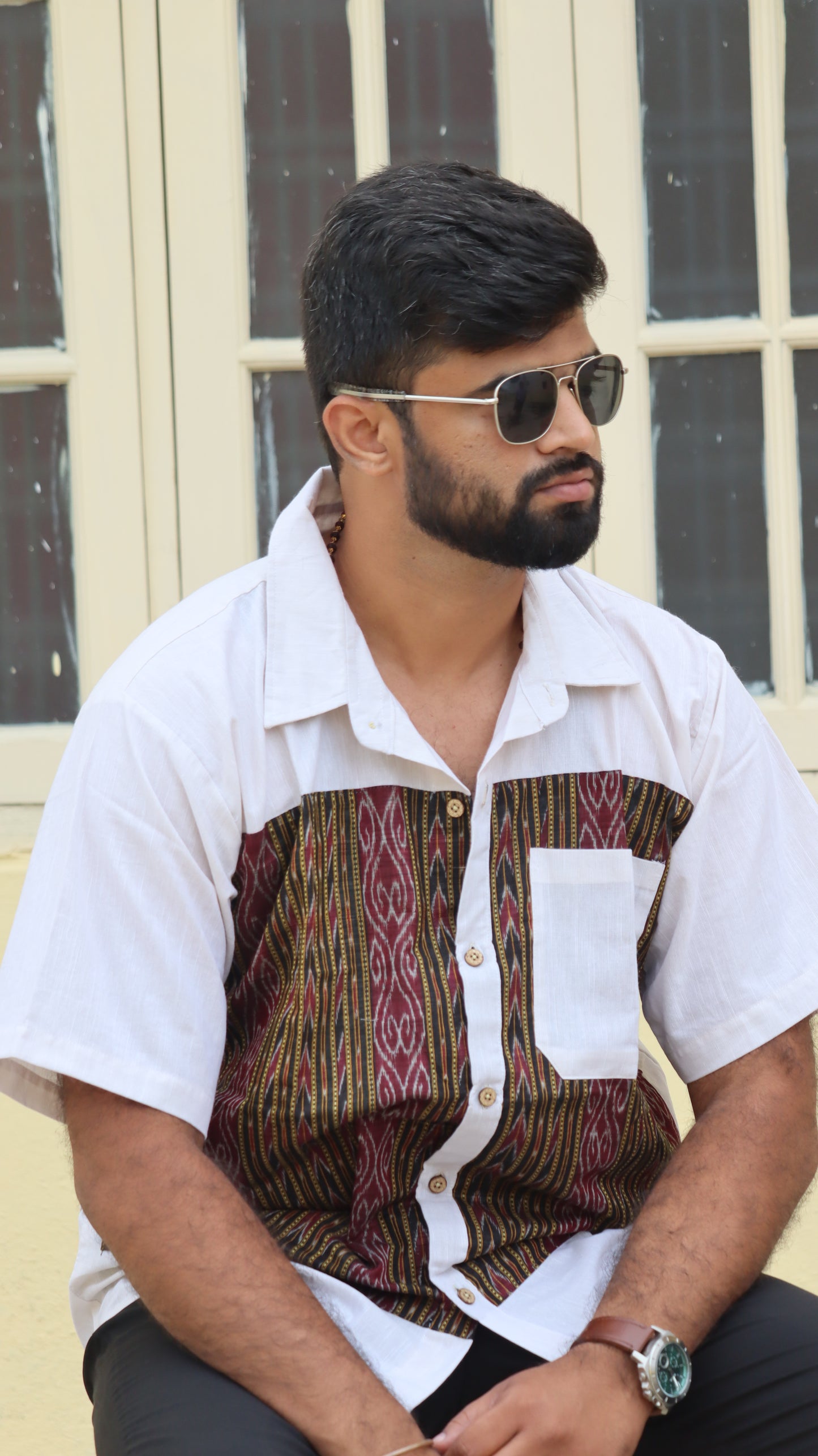 White and Black Handloom Cotton Unisex Shirt