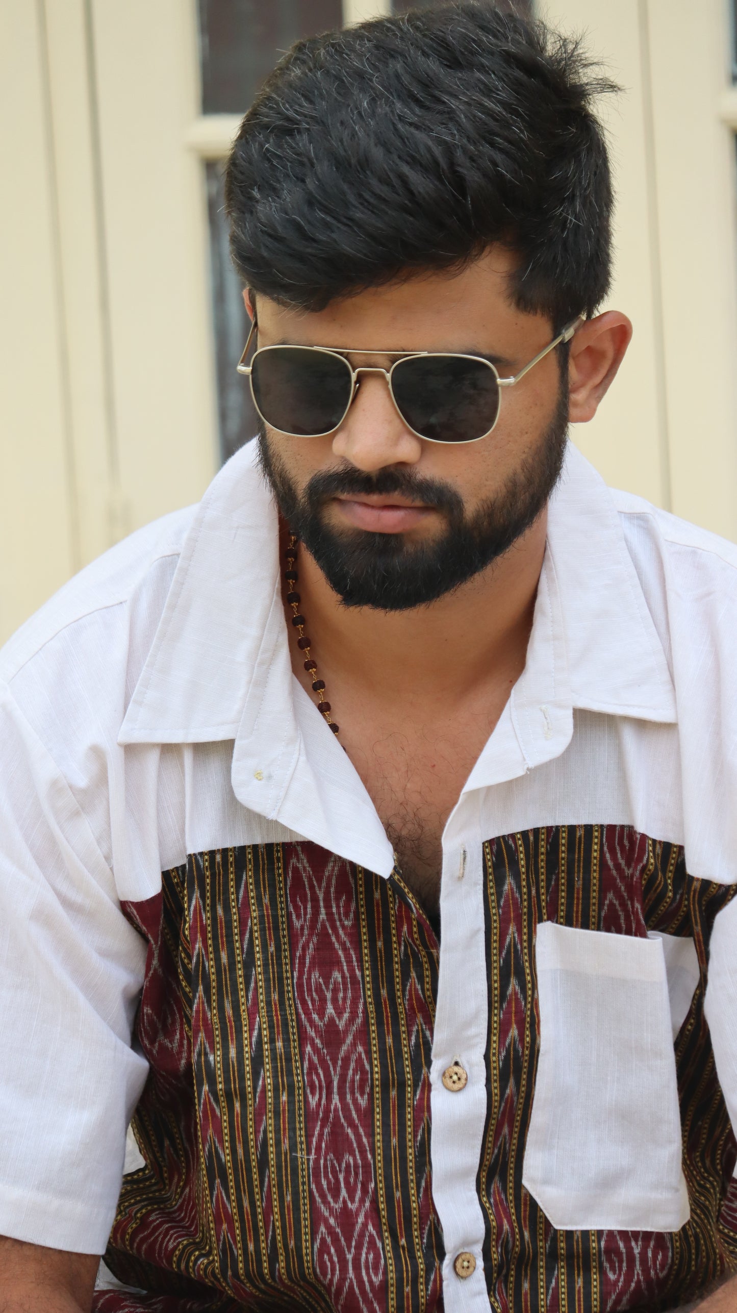 White and Black Handloom Cotton Unisex Shirt