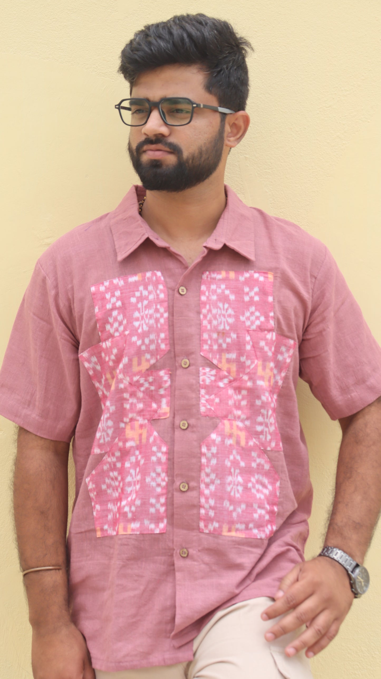Pink Kalacotton & Sambalpuri Handloom Unisex Shirt