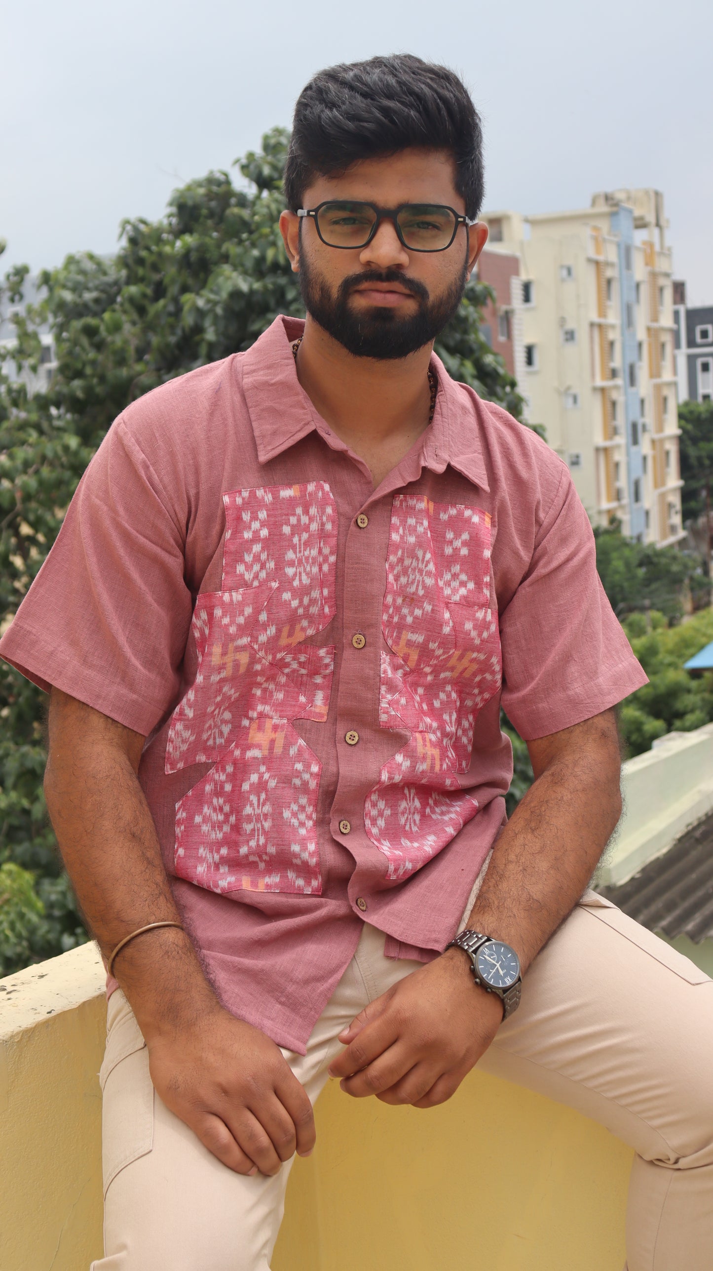 Pink Kalacotton & Sambalpuri Handloom Unisex Shirt