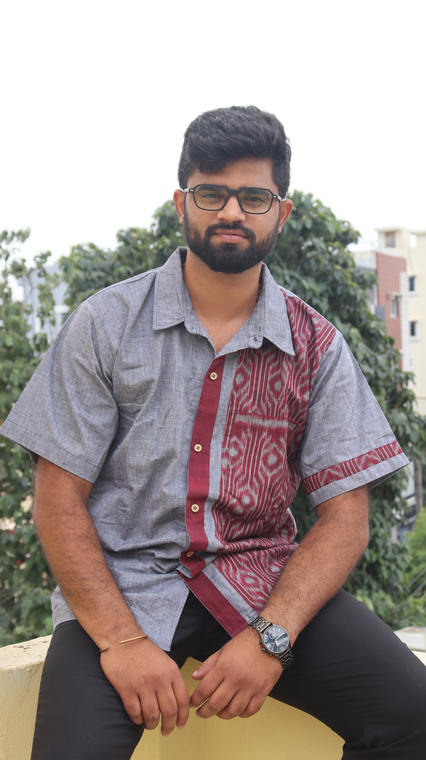 Grey Linen & Maniabandha Handloom Unisex Shirt
